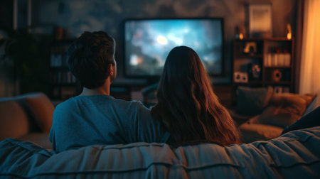 Couple watching a movie together at home. People spending time in the evening near TV. Generative AIの素材