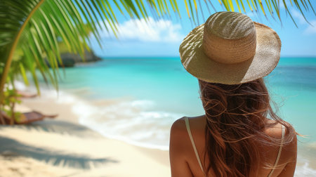 Girl is relaxing on a paradise beachの素材