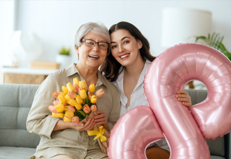 Beautiful young woman and her mother with flowers tulips in hands at home.の写真素材