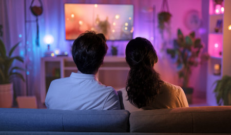 Happy family watching TV, movies in the evening at home. Couple spending time together.の写真素材