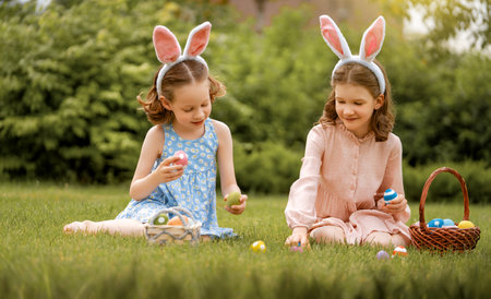 Beautiful children with painting eggs outdoors. Happy family celebrating Easter in nature. Cute little girls are wearing bunny ears.の写真素材