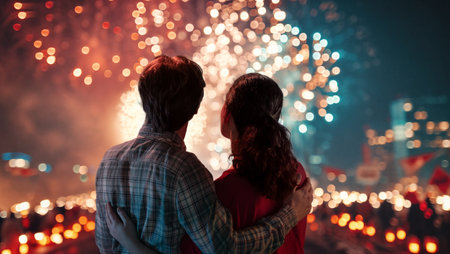 Happy loving couple watching fireworks.の写真素材