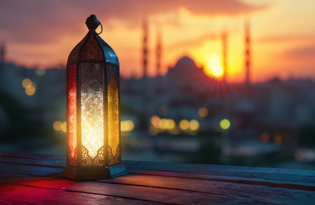 Ornamental Arabic lantern with burning candle glowing at night mosque background. Festive greeting card, invitation for Muslim holy month Ramadan Kareem.の写真素材