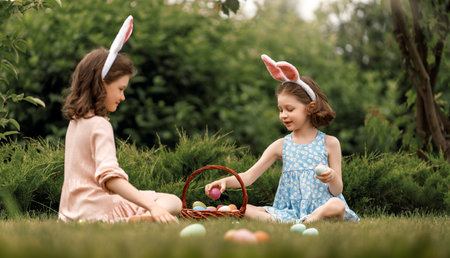 Beautiful children with painting eggs outdoors. Happy family celebrating Easter in nature. Cute little girls are wearing bunny ears.の写真素材