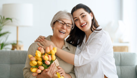 Beautiful young woman and her mother with flowers tulips in hands at home.の写真素材