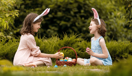 Beautiful children with painting eggs outdoors. Happy family celebrating Easter in nature. Cute little girls are wearing bunny ears.の写真素材