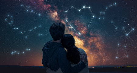 A couple in love looking at the starry sky. A fantasy constellation in the shape of a heart.の写真素材