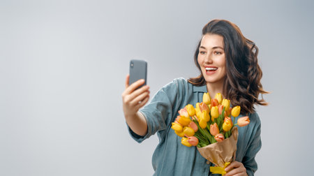 Beautiful young woman with yellow flowers in hands on grey wall background taking selfie.の写真素材