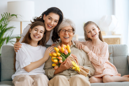 Happy mother's day. Child daughters and mother are congratulating granny giving her flowers tulips. Grandma, mum and girls smiling and hugging. Family holiday and togetherness.の写真素材