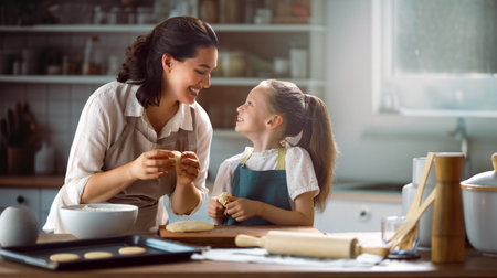 Happy loving family are preparing bakery together. Mother and child daughter girl are cooking cookies and having fun in the kitchen. Homemade food and little helper.の写真素材