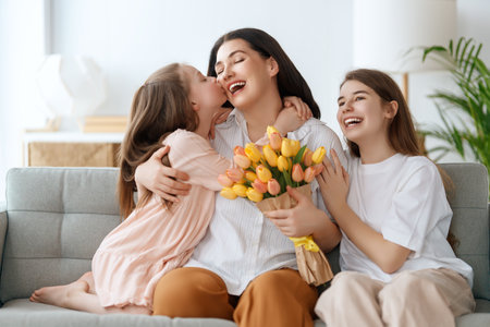 Happy mother's day. Children daughters are congratulating mom and giving her flowers. Mum and girls smiling and hugging. Family holiday and togetherness.の写真素材