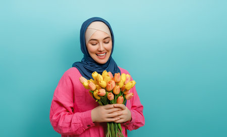 Beautiful young woman with yellow flowers in hands on teal wall background.の写真素材