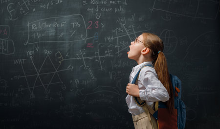 Back to school. Happy cute industrious child indoors. Kid is learning in class on background of...