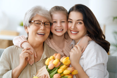 Happy mother's day. Child daughter and mother are congratulating granny giving her flowers tulips. Grandma, mum and girl smiling and hugging. Family holiday and togetherness.の写真素材