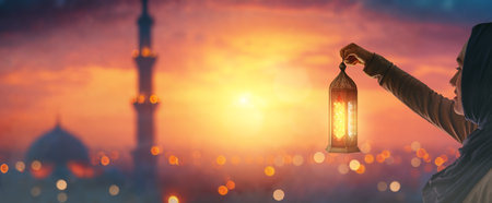 Woman is holding Ornamental Arabic lantern with burning candle glowing at night mosque background. Festive greeting card, invitation for Muslim holy month Ramadan Kareem.の写真素材
