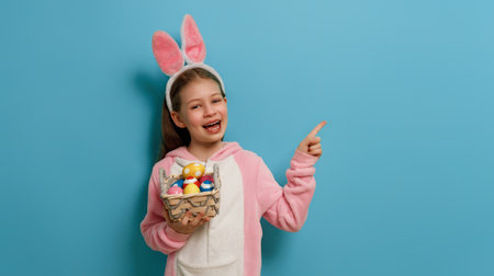 Cute little child wearing bunny ears on Easter day. Girl with painted eggs.