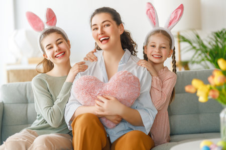 Happy holiday. Mother and her daughters. Family celebrating Easter. Cute little children girls are wearing bunny ears.の写真素材