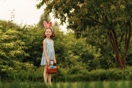 Beautiful child with painting eggs outdoors. Happy family celebrating Easter in nature. Cute little girl is wearing bunny ears.の写真素材