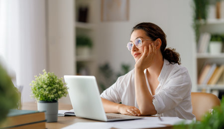 Happy casual beautiful woman working on a laptop in the office.の写真素材