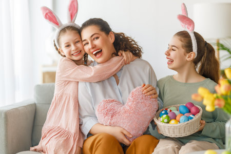 Happy holiday. Mother and her daughters with painting eggs. Family celebrating Easter. Cute little...