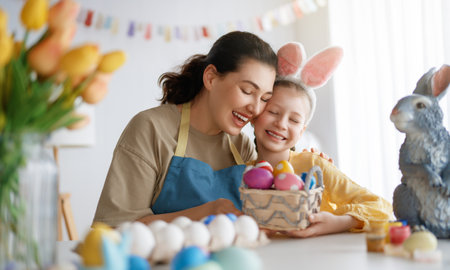 Mother and her daughter painting eggs. Happy family preparing for Easter. Cute little child girl wearing bunny ears.の写真素材