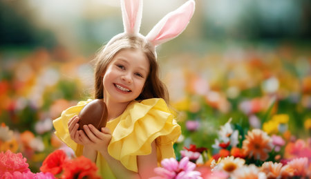 Beautiful child with chocolate egg outdoors. Happy family celebrating Easter in nature. Cute little...