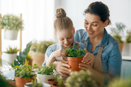 Cute child girl helping her mother to care for plants. Mom and her daughter engaging in gardening at home. Happy family in spring day.の写真素材