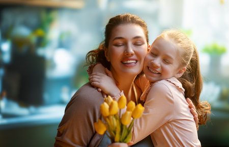 Happy mother's day. Child daughter is congratulating mom and giving her flowers. Mum and girl smiling and hugging. Family holiday and togetherness.の写真素材