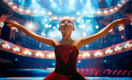 Cute little girl dreaming of becoming a ballerina. Child girl in a red tutu dancing on the stage.の写真素材