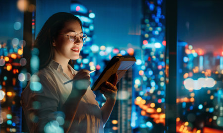 Young businesswoman standing near window with tablet pc.の写真素材