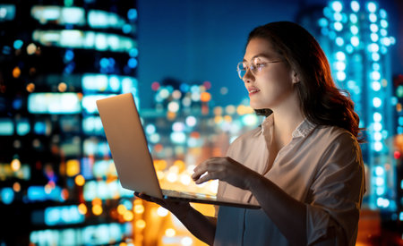 Young businesswoman standing near window with laptop.の写真素材
