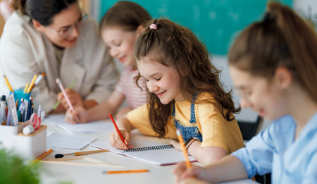 Happy kids and teacher at school. Woman and children are working in the class.の写真素材