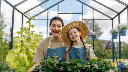 Happy mother and daughter are gardening in the greenhouse. Child is helping her mom and learning about botany.の写真素材