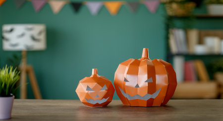 Polygonal paper pumpkins on the table at home. Preparing for Halloween.の写真素材