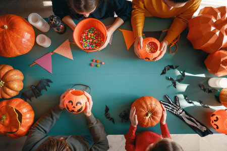 Mother, father and their kids  preparing for Halloween. Top view.の写真素材