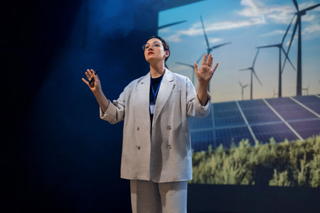 A woman is talking about renewable energy on stage.