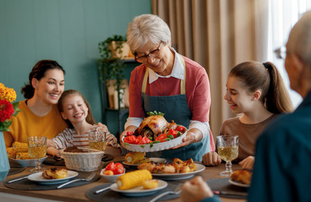 Happy Thanksgiving Day. Autumn feast. Family sitting at the table and celebrating holiday. Grandparents, mother and children. Traditional dinner.の写真素材