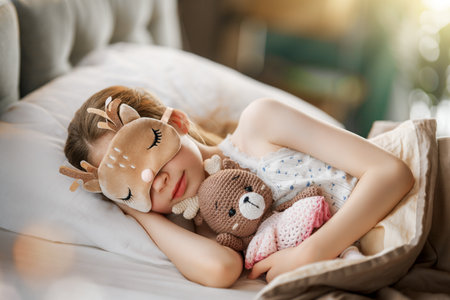 Adorable little girl is sleeping in the bed at home.の写真素材