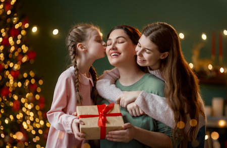 Merry Christmas and Happy Holidays. Mum and children exchanging gifts. Parent and daughters having fun near tree indoors. Loving family with presents in room.の写真素材