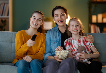 Happy family watching projector, TV, movies with popcorn in the evening at home. Mother and daughters spending time together.の写真素材