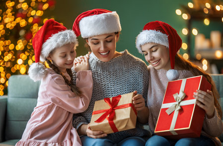 Merry Christmas and Happy Holidays. Mother and children exchanging gifts. Parent and daughters having fun near tree indoors. Loving family with presents in room.の写真素材