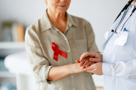 Colour ribbon for concept of illness awareness. Female patient listening to doctor in medical office. Raising knowledge on people living with disease.の写真素材