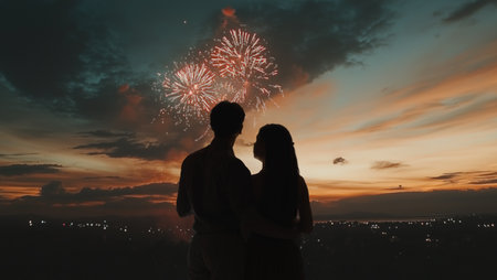 Happy loving couple watching fireworks.の写真素材