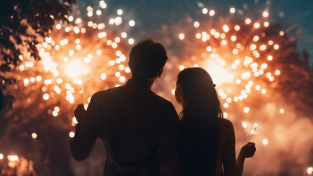 Happy loving couple watching fireworks.の写真素材