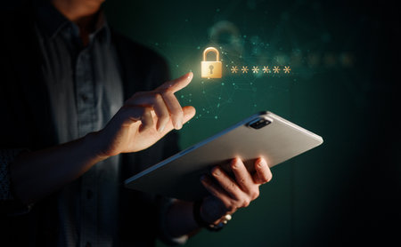Lock the tablet pc with a password for cybersecurity or a password to confirm login in the online banking application. Cyber security threats.の写真素材