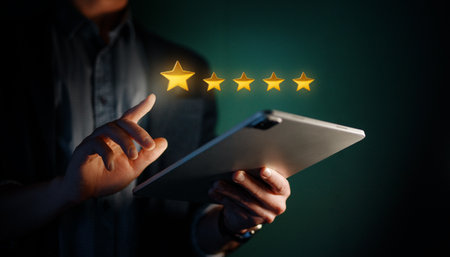 Person is holding a tablet to give a rating applicationの写真素材
