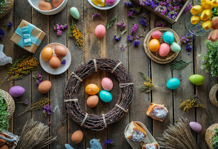 Easter holiday background. Colorful eggs and flowers on wooden table. Top viewの写真素材