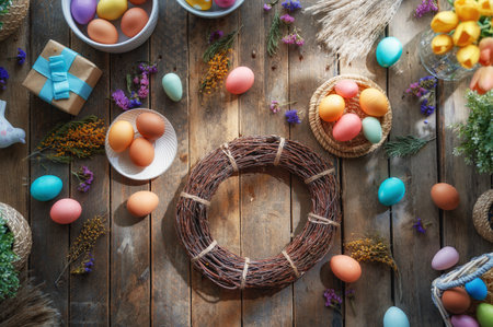 Easter holiday background. Colorful eggs and flowers on wooden table. Top viewの写真素材