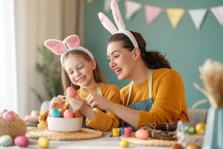 Mother and her daughter painting eggs. Happy family preparing for Easter. Cute little child girl wearing bunny ears.の写真素材