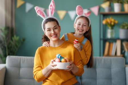 Happy holiday! Mother and her daughter with painting eggs. Family celebrating Easter. Cute little child girl is wearing bunny ears.の写真素材